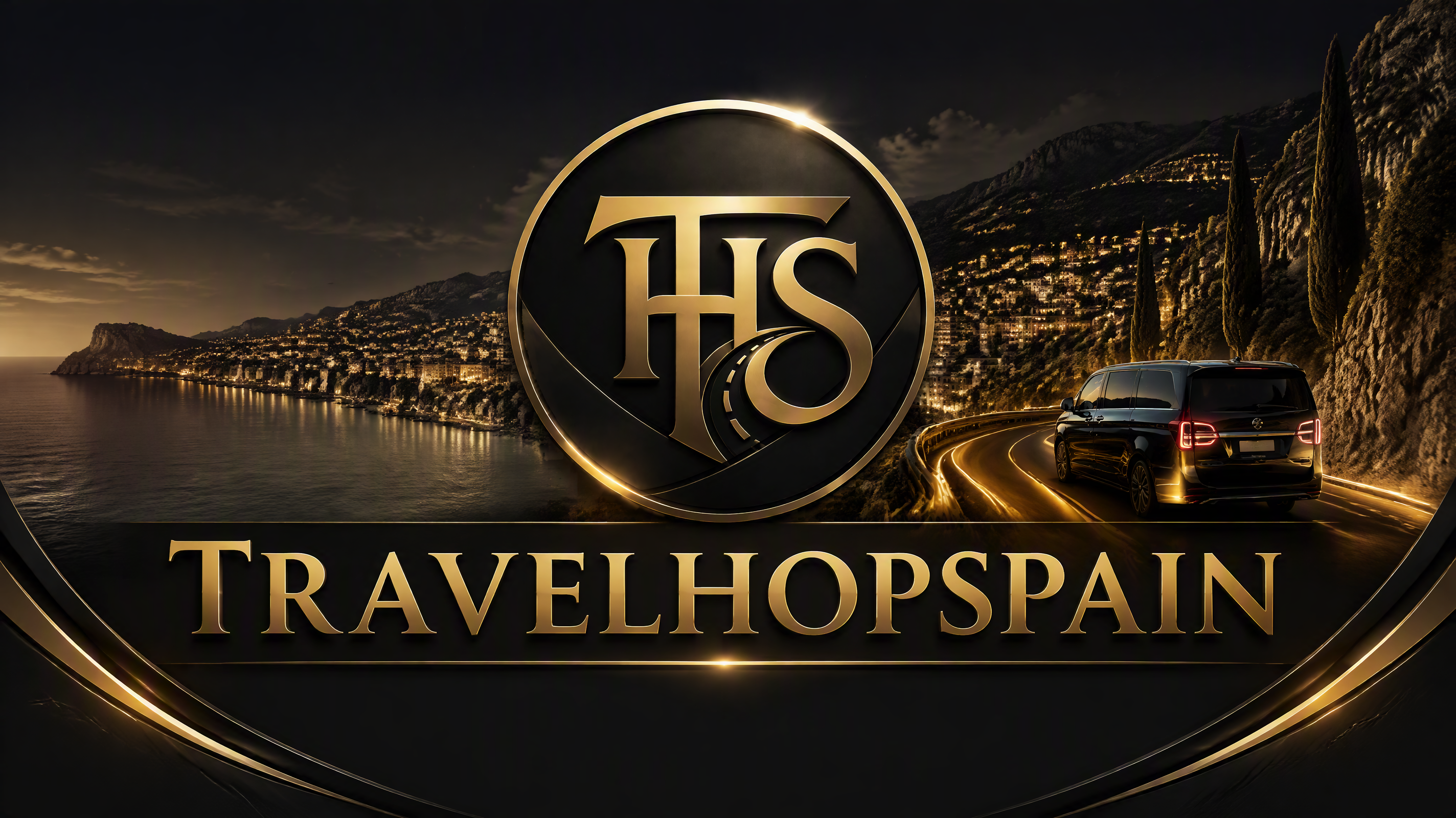 Vehículo ejecutivo junto a una carretera costera nocturna con el emblema dorado THS.